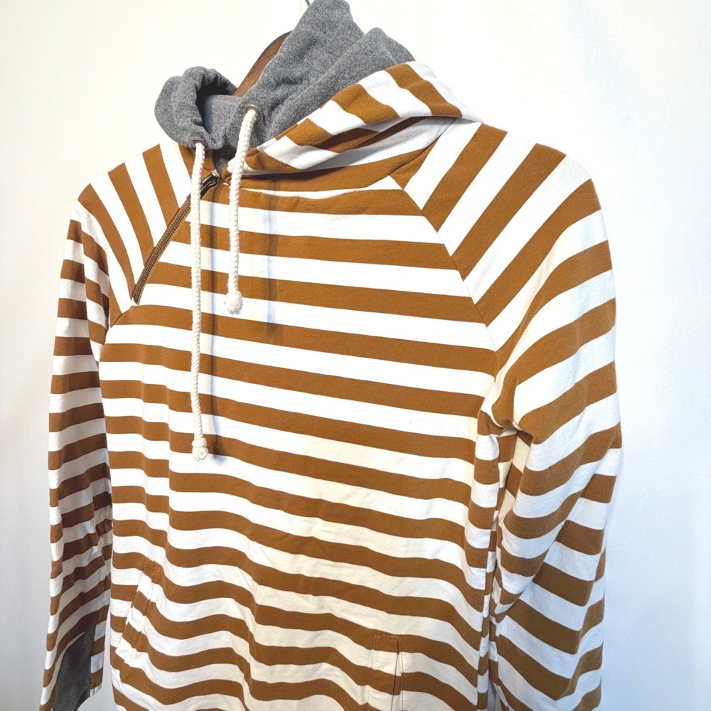 Ampersand Avenue DoubleHood Striped Hoodie Brown White Side Zip Small